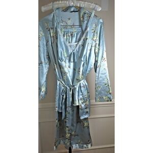 ESCALIER Womens M Pajama Set Cherry Blossom Satin Camisole Pants Kimono Robe Tie